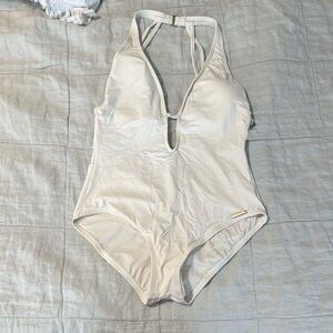 Vince Camuto White One Piece Swimsuit with Plunging V-Neck -bridal